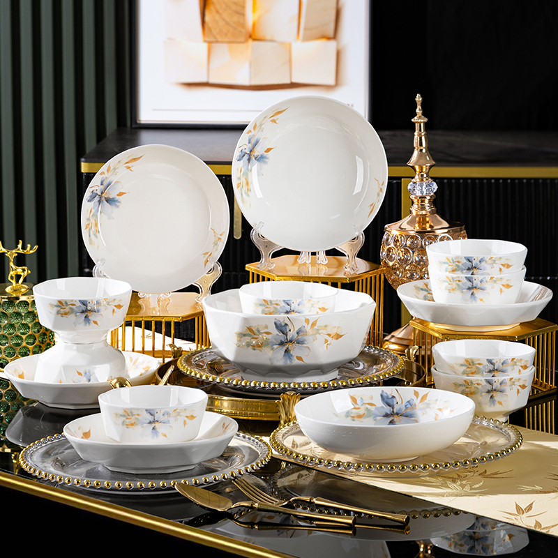 蓝色花期碗碟餐具套装家用中式餐具轻奢陶瓷碗盘组合乔迁送礼套装