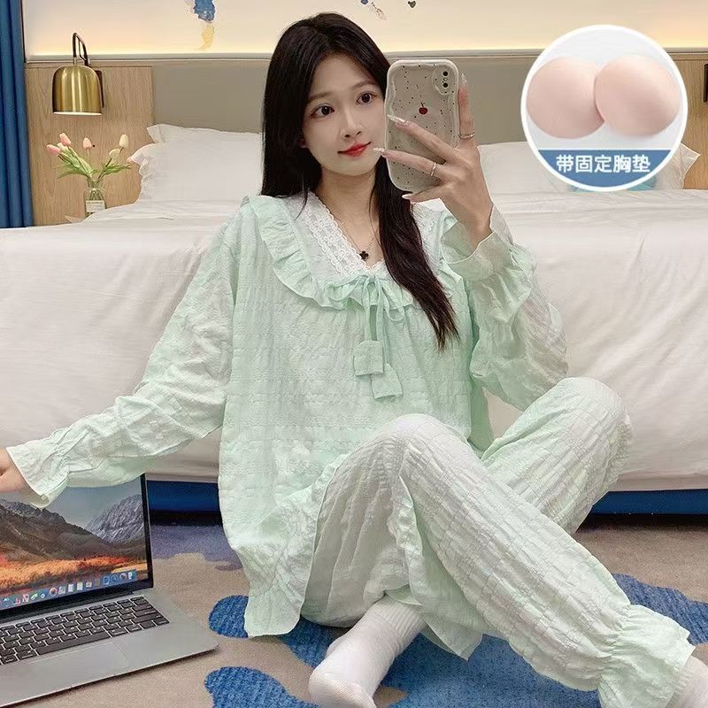 秋季长袖纯色长裙睡衣家居服套装宽松套装甜美【C区】3750 C02-2