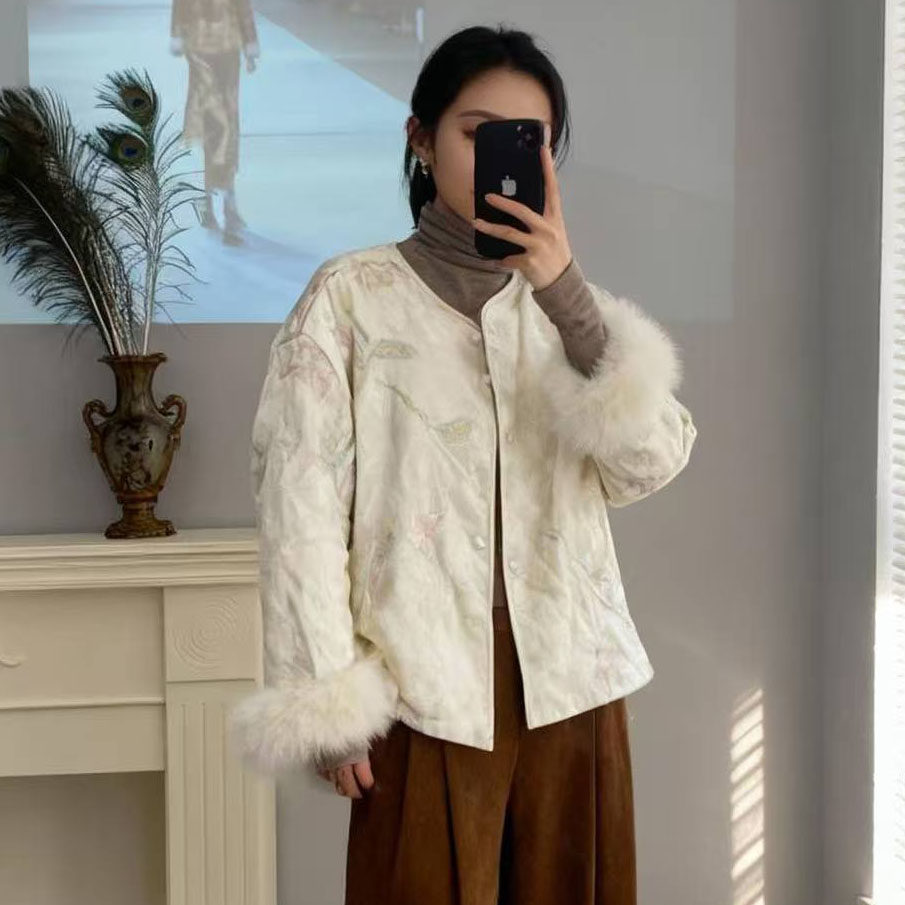 苏绣超好看的新中式轻奢重工刺绣羽绒服冬毛袖口圆领短款外套109