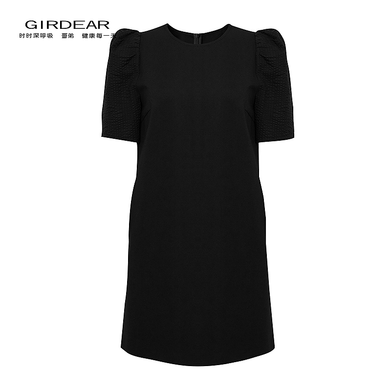 哥弟 新款时尚简约优雅直身型微收腰泡泡袖短袖洋装连衣裙150052