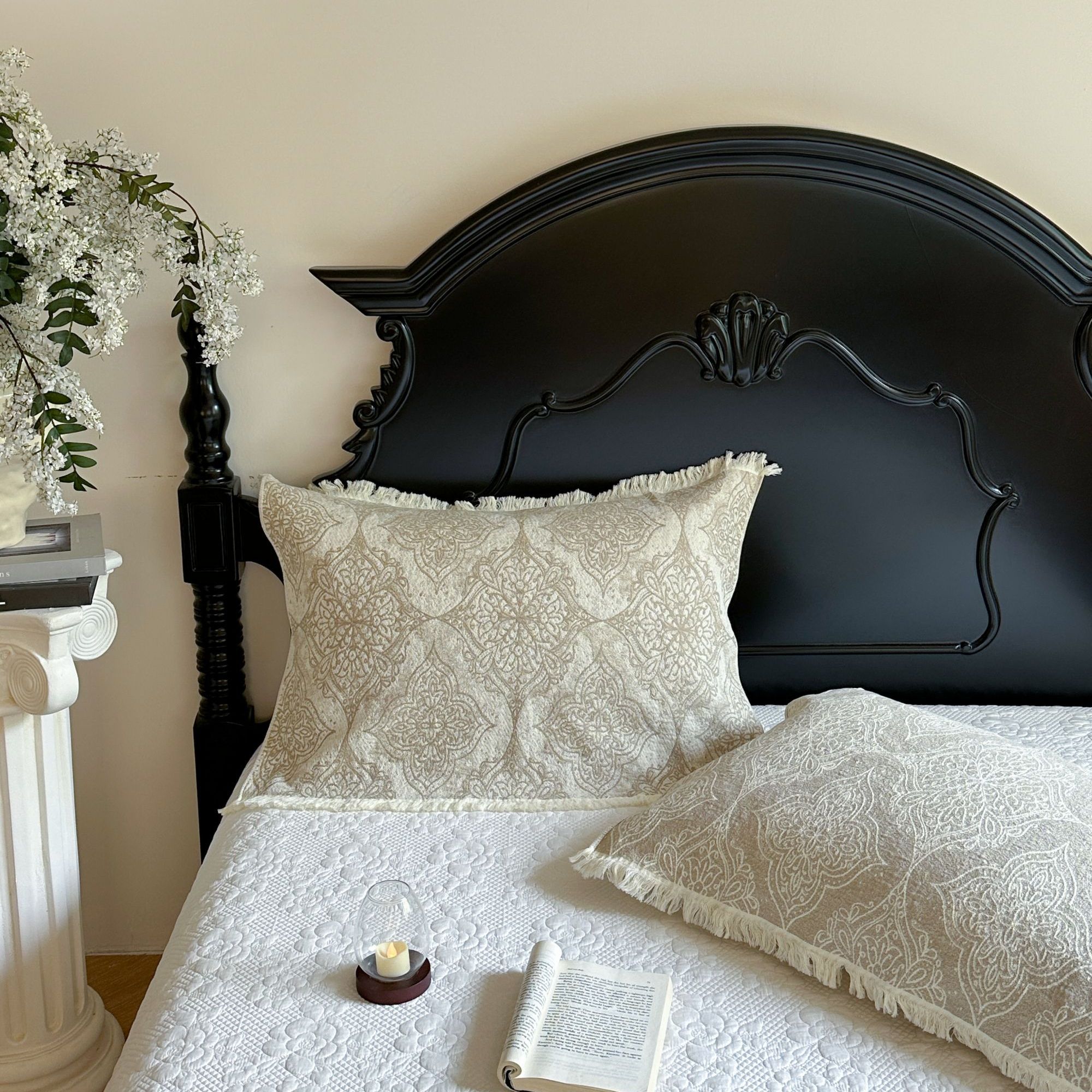 G662 纯棉流苏款八层纱枕巾-墨染-白色48*74柔软舒适亲肤