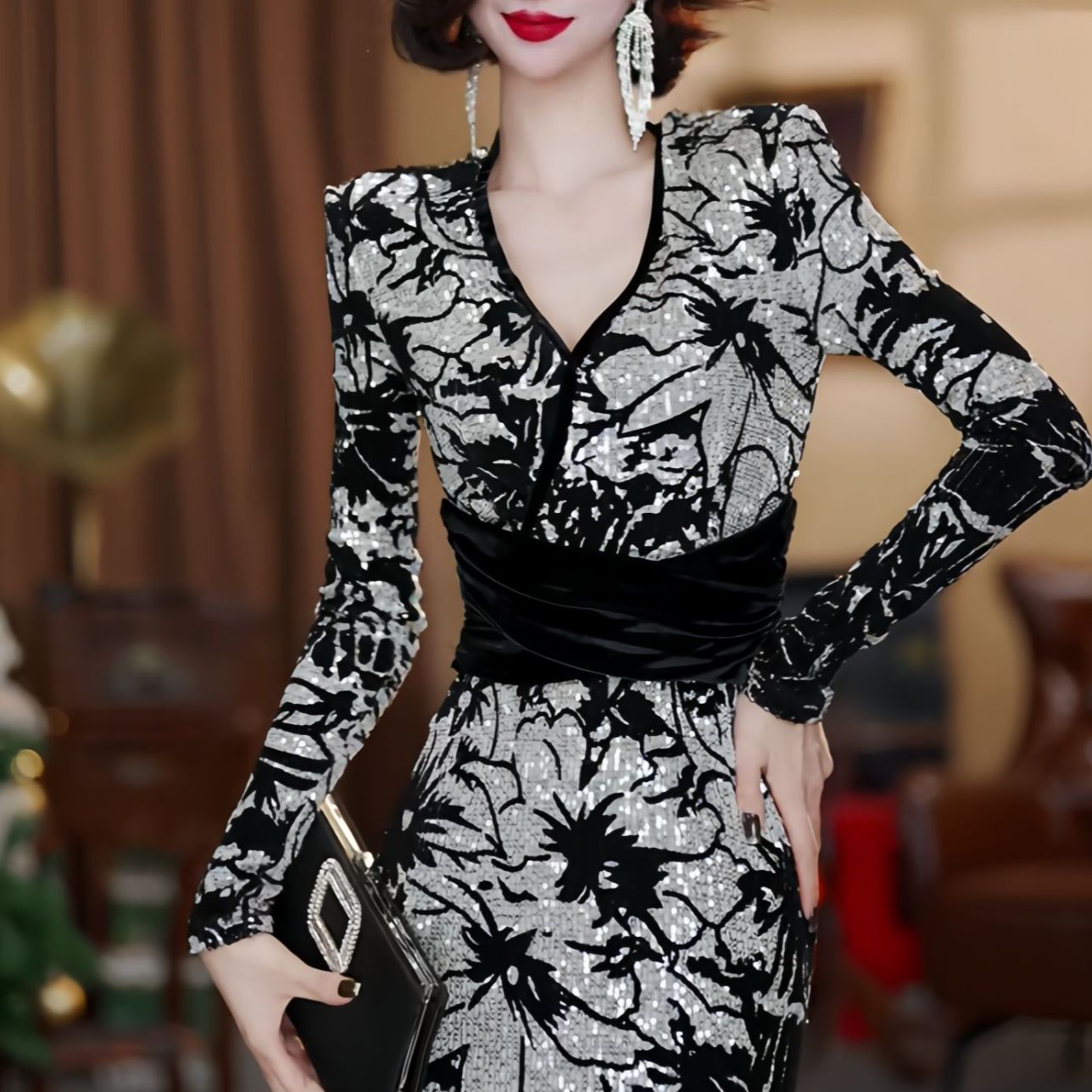 【爱妃】秋冬新款名媛气质高奢黑白优雅收腰连衣裙-DJ10091