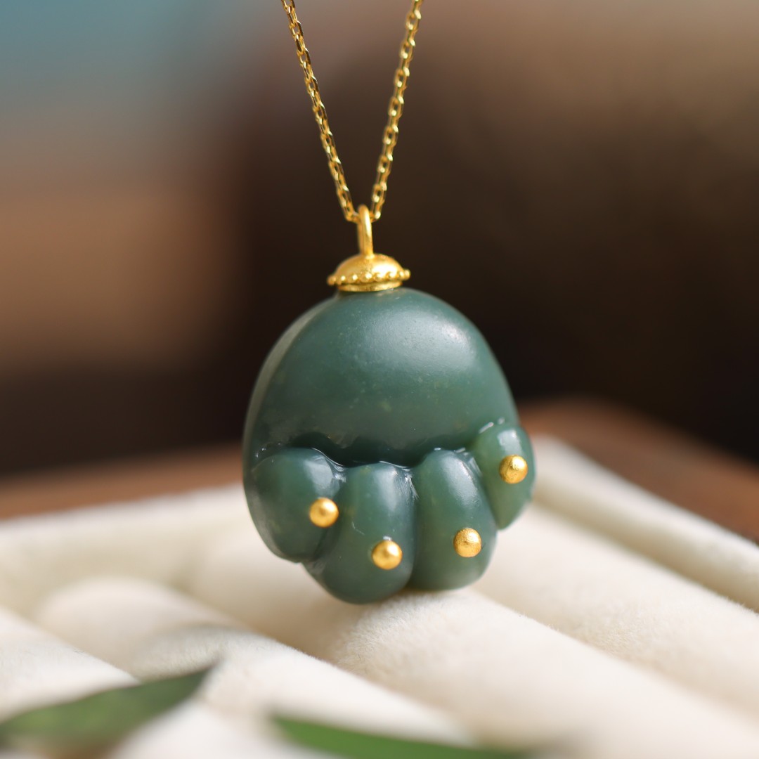 S925银镀金镶嵌和田玉且末蓝熊掌气质国潮送礼女款吊坠不含链