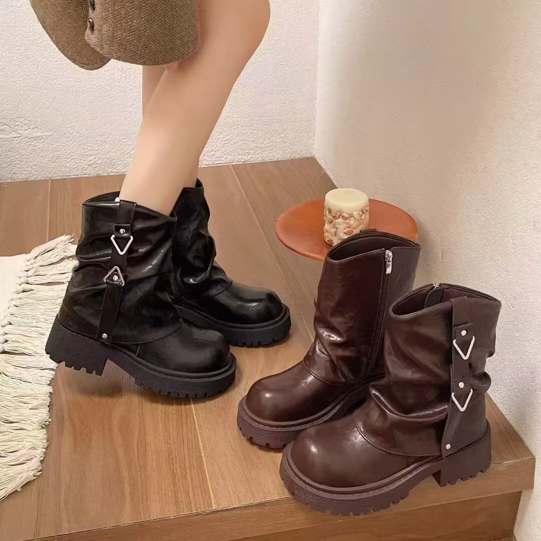 H910冬季新款加绒堆堆靴时尚内侧拉链短靴