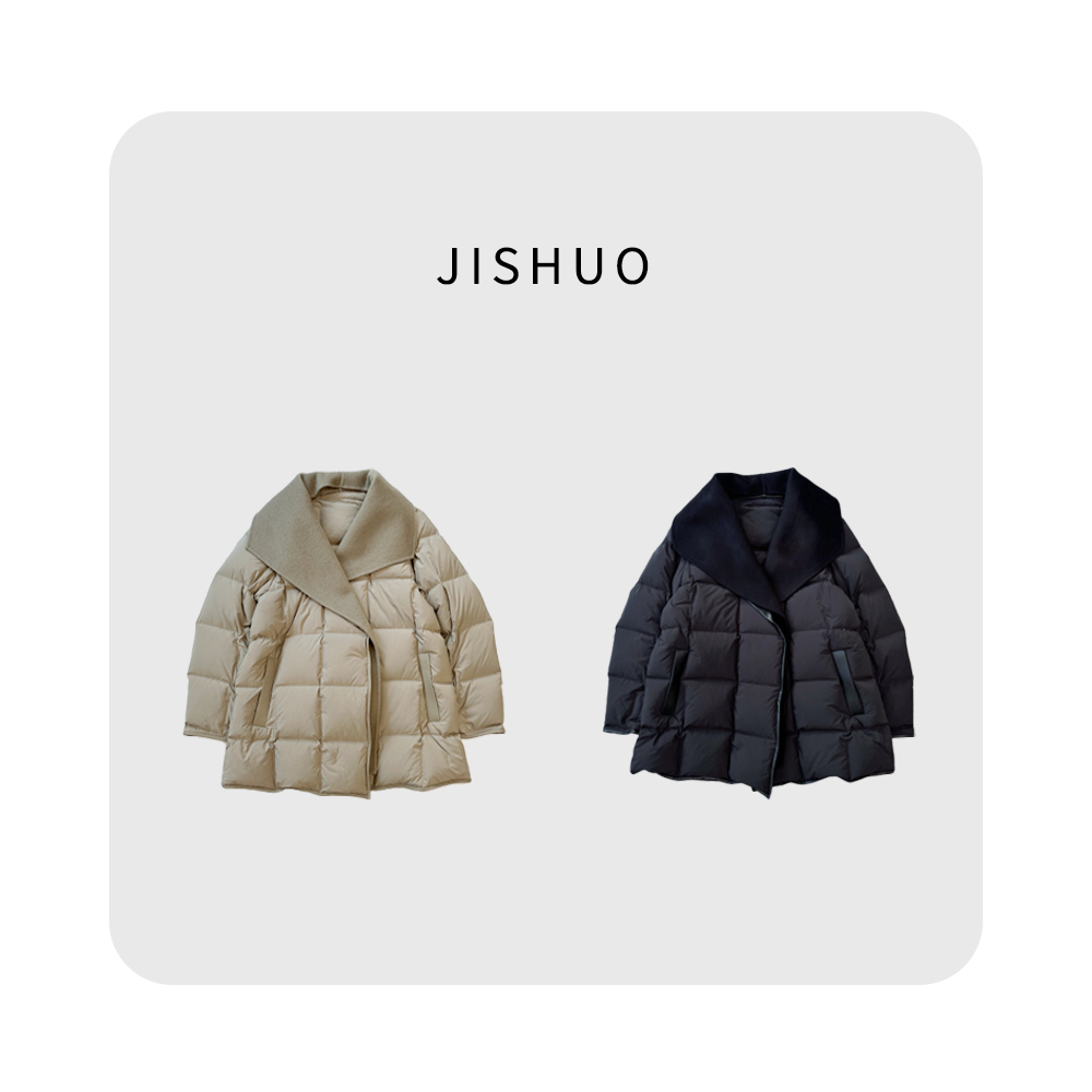 冬季保暖羽绒服女款方块格大翻领束带腰设计百搭时尚