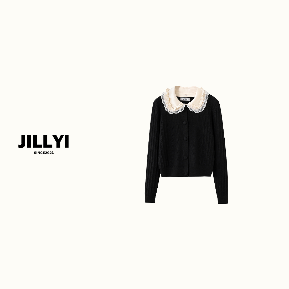 JILLYI南山店【秋季诗歌】黑色花瓣蕾丝领轻奢时尚针织衫秋季气质百