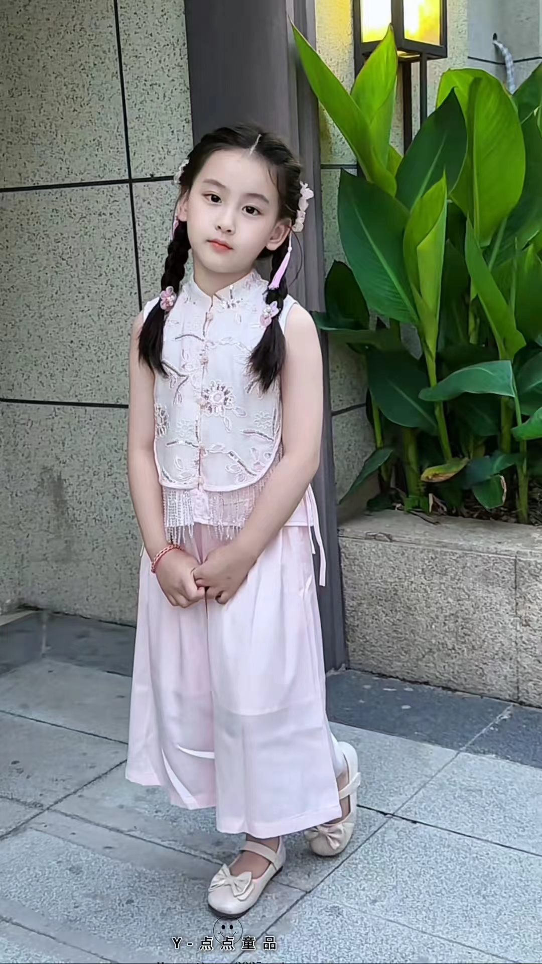 夏季中国风女套头薄款纯色套装夏款蕾丝裙子儿童女童女宝童装复古