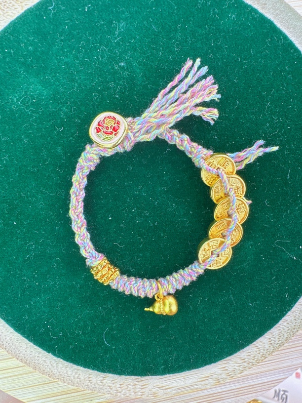 铜合金手链 铜合金五帝铜钱葫芦玫瑰手串彩色手编编织