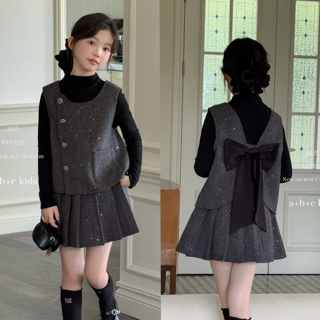 【早春！小香风】女童装儿童春季时髦毛呢马甲短裙打底衫3件套装