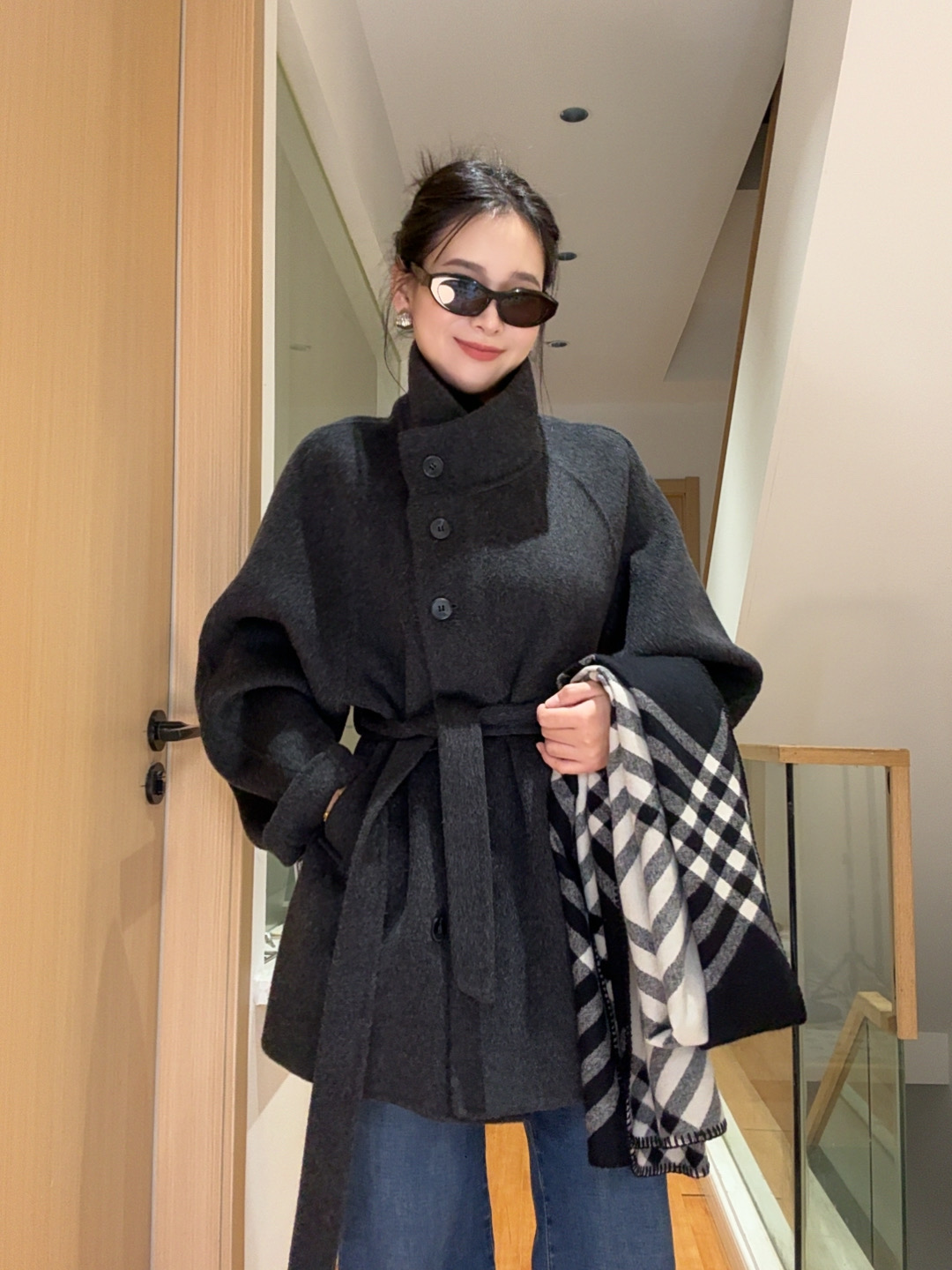 立领系带短款双面羊毛大衣女韩系高领宽松秋冬毛呢外套上衣女A688