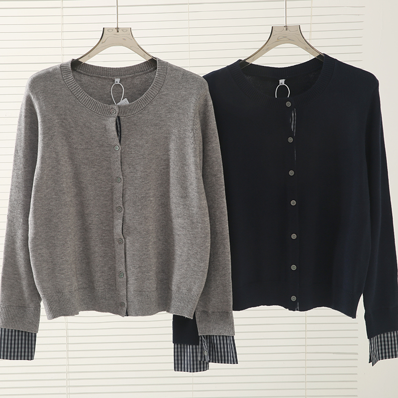 大码女装设计感拼接格子针织衫2025秋韩系圆领显瘦开衫313053