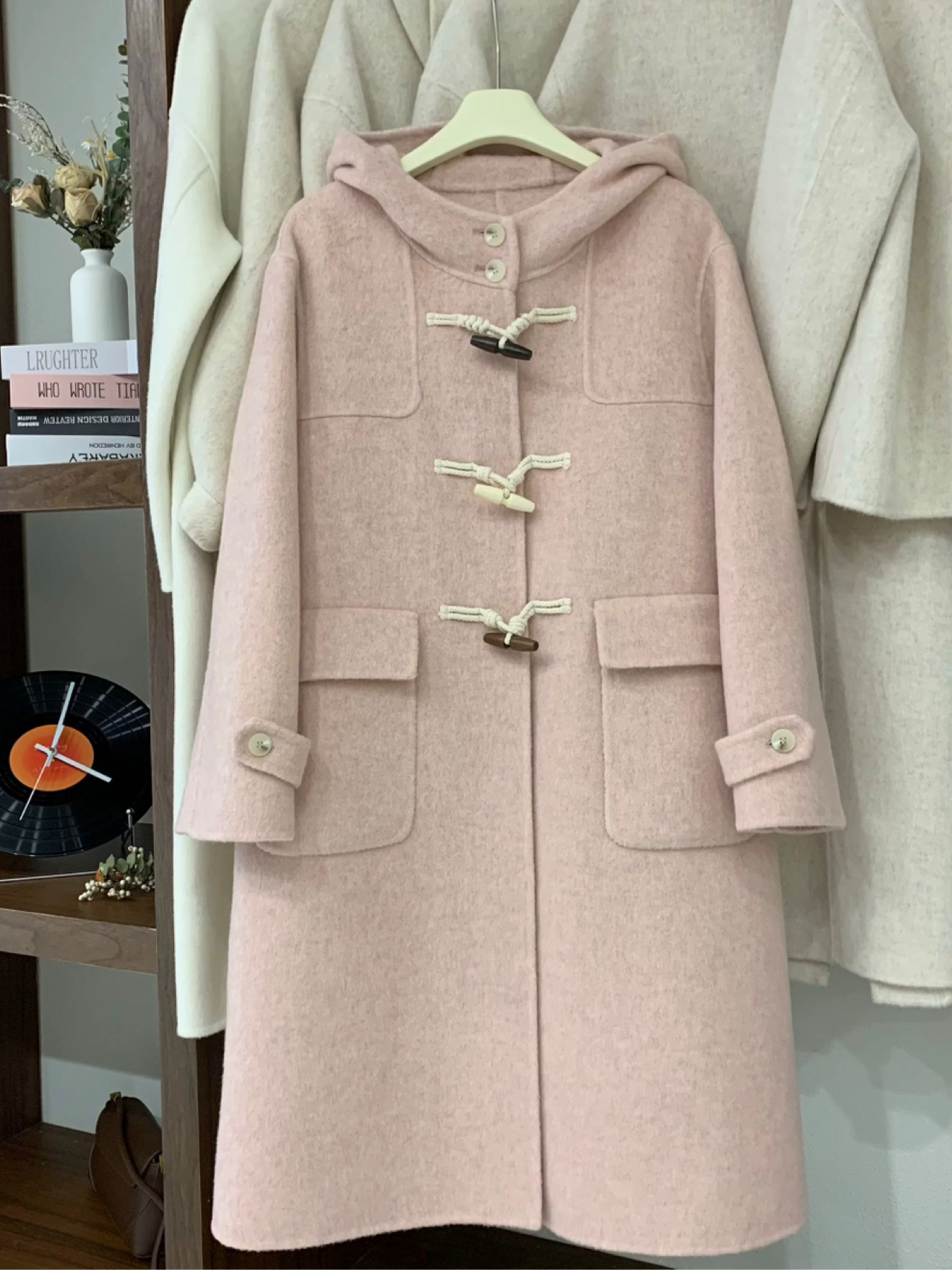 牛角扣连帽双面羊毛大衣女中长款2025秋冬新款粉色宽松羊毛外套