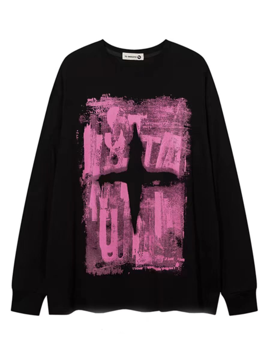 欧美风高街潮流嘻哈秋冬长袖T恤上衣圆领黑色情侣款3362男装