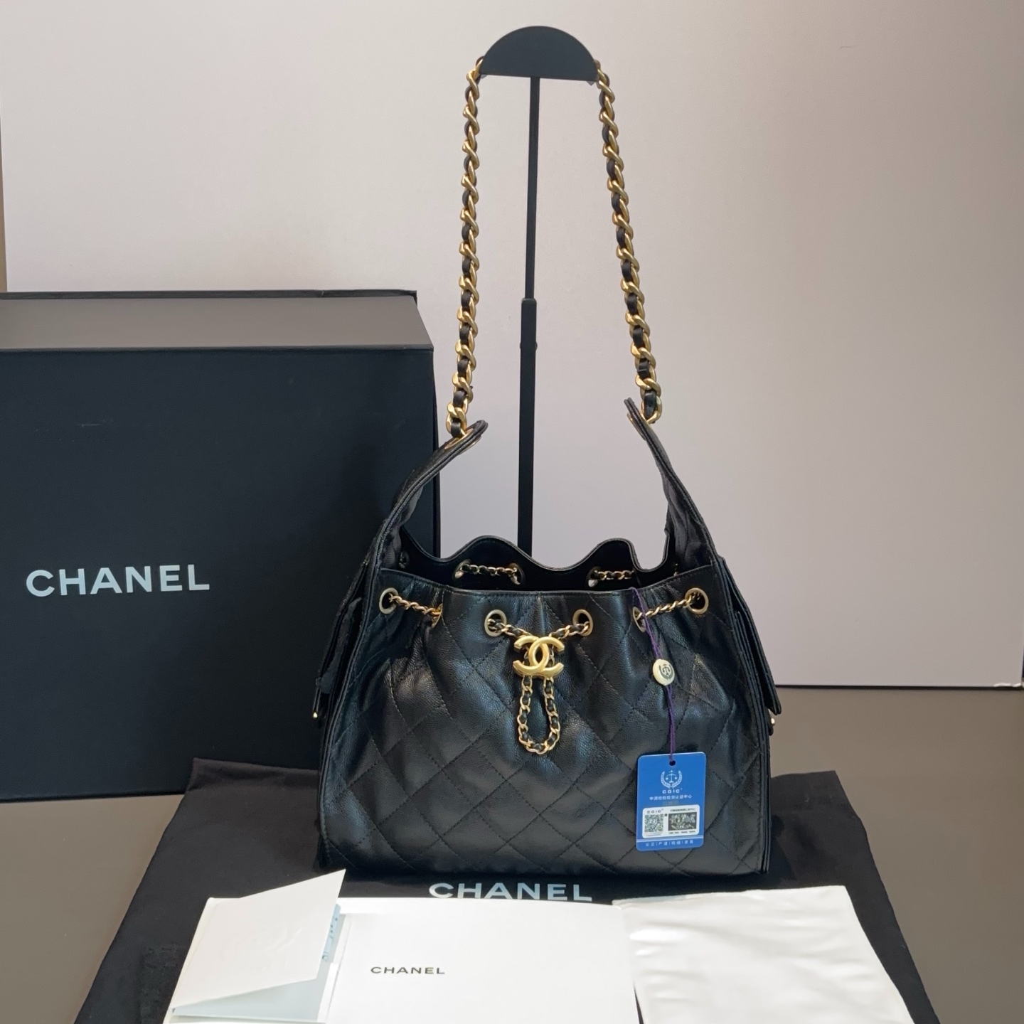99新 Chanel/香奈儿 黑金荔枝牛皮25bag小号单肩包 51683