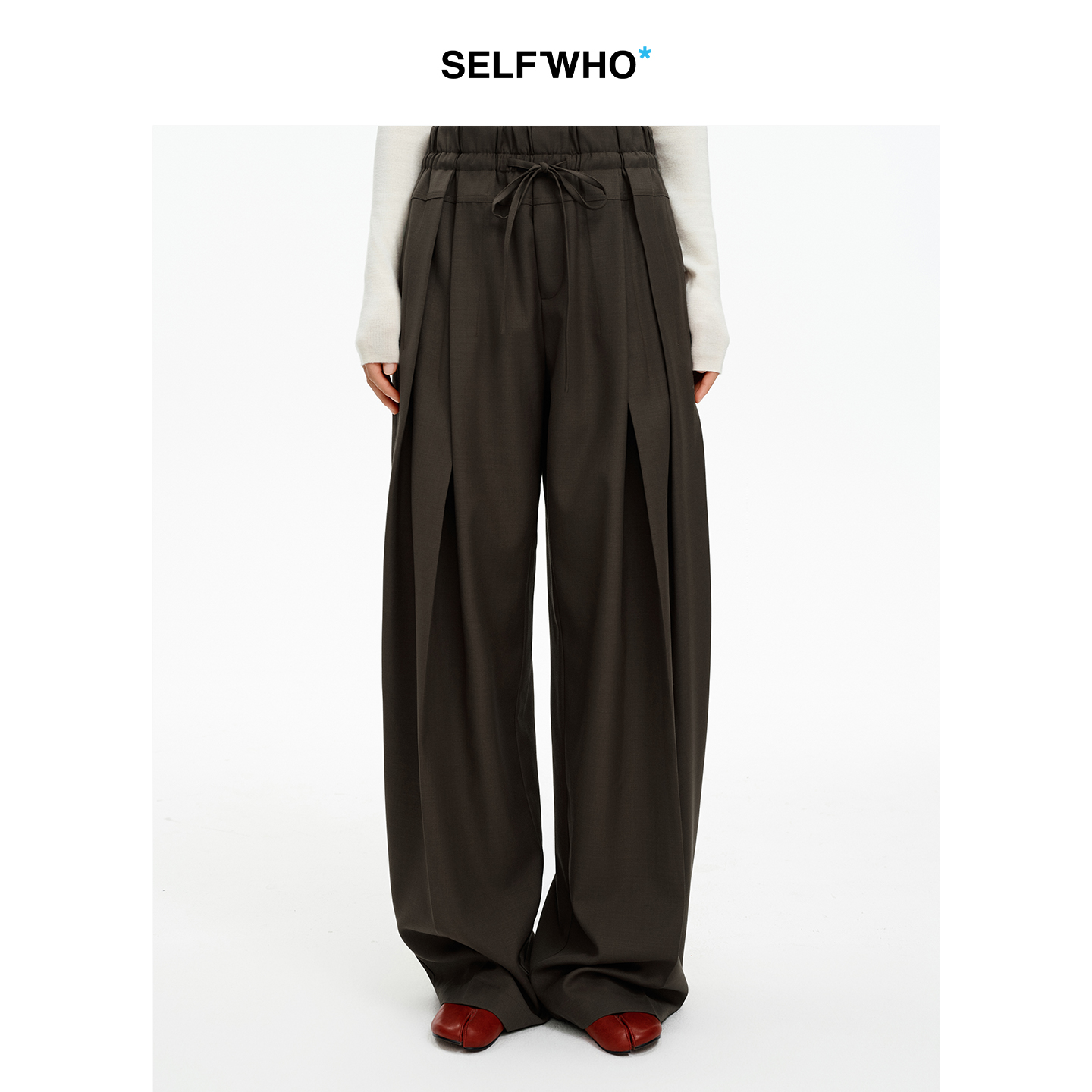 SELFWHO绵羊毛混纺宽腰头抽绳压褶阔腿裤女2026春新款收腰休闲裤