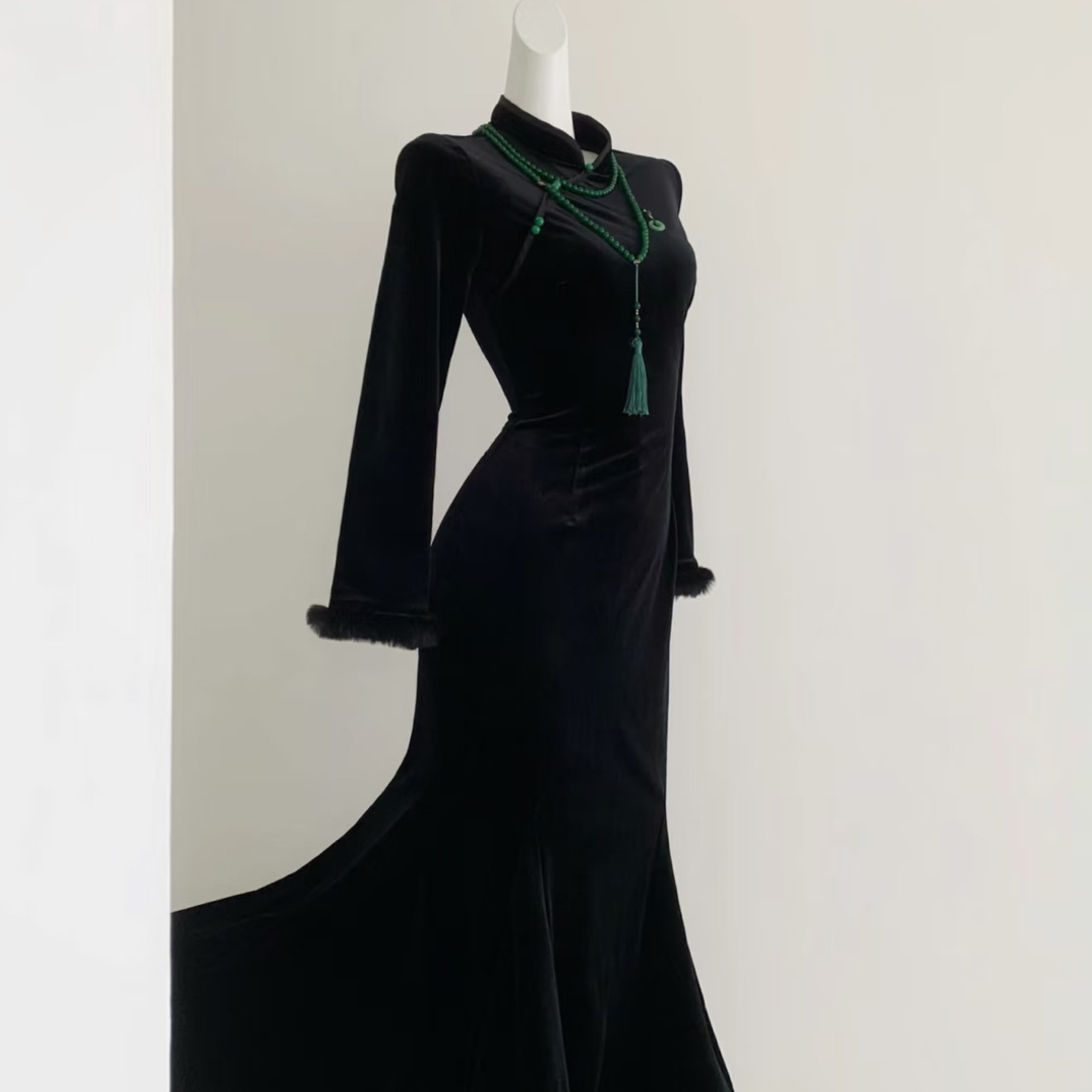 V-3389 步步生莲 针织提花 鱼尾 加绒 冬年轻款改良旗袍130cm长款