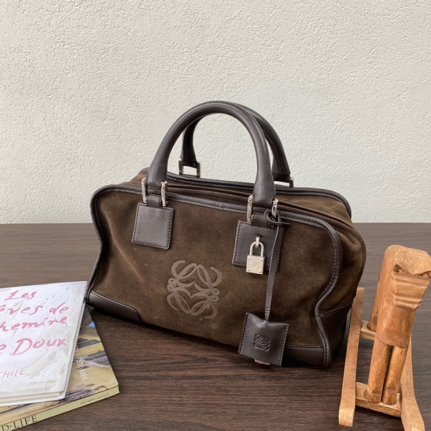 95新 LOEWE/罗意威 棕色麂皮拼皮Amazona波士顿手提包 118785
