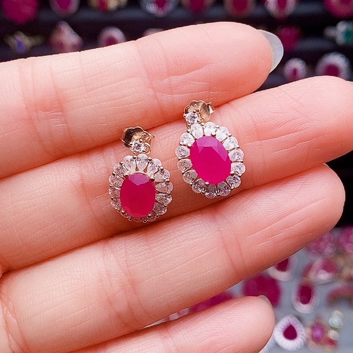 红宝石耳饰银S925镶嵌