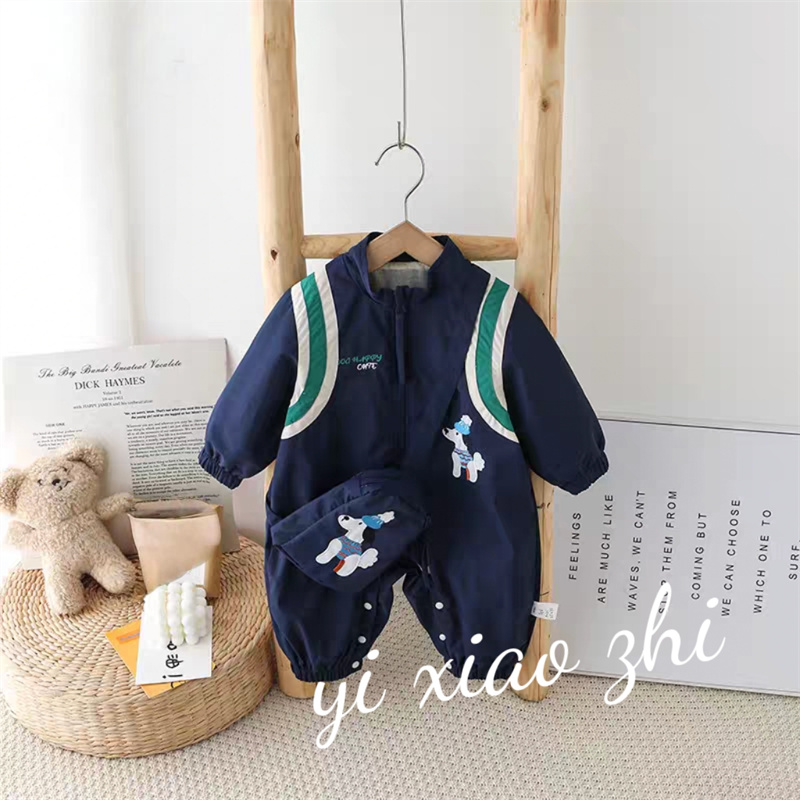 J春秋款婴儿舒适韩版连帽连体衣幼儿休闲撞色带包出门服哈衣Q016