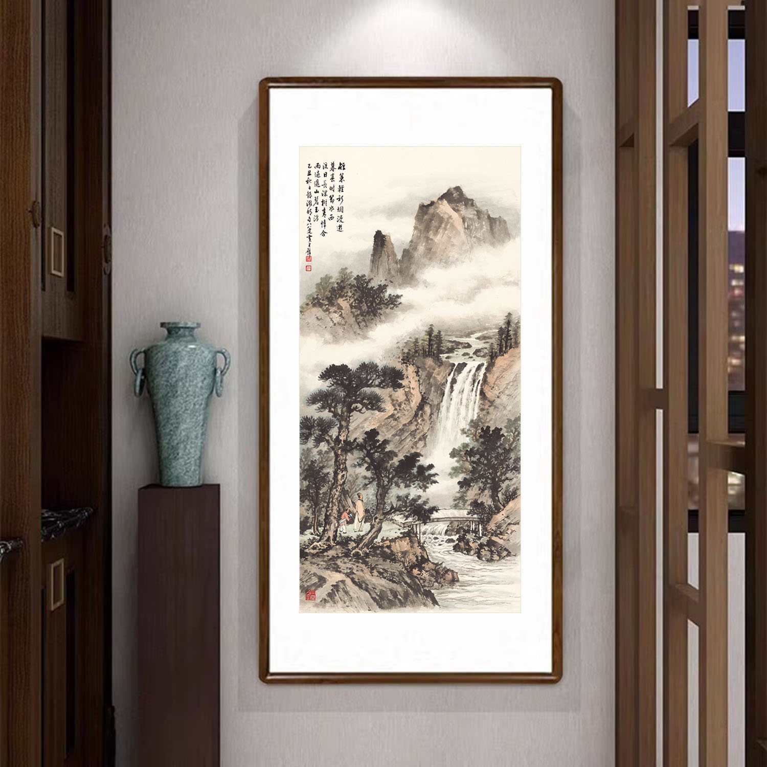 瀑布山水画新中式客厅装饰画办公室书房背景墙竖版挂画携琴访友图