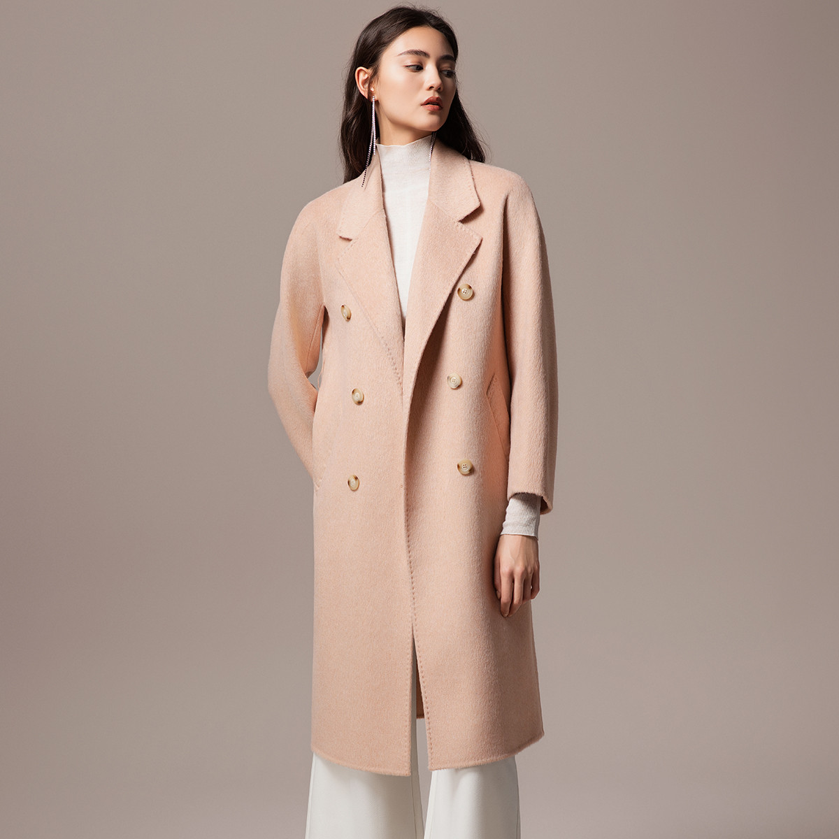 福利款【赫莲娜】冬季毛呢外套保暖修身简约双排扣大衣呢大衣