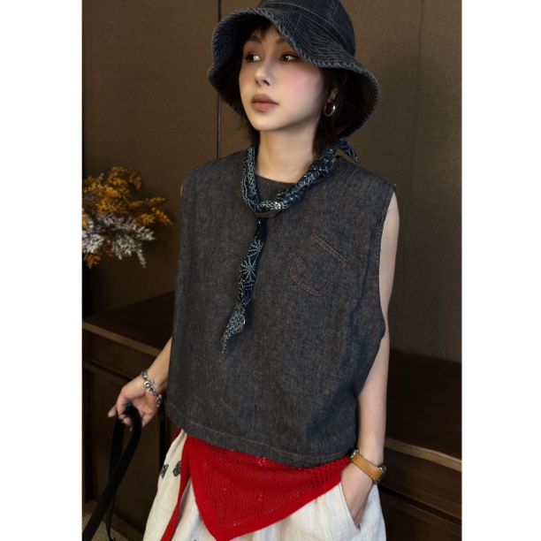 HY1987罗罗极简风圆领水洗百搭韩版风休闲复古牛仔上衣夏季衬衫