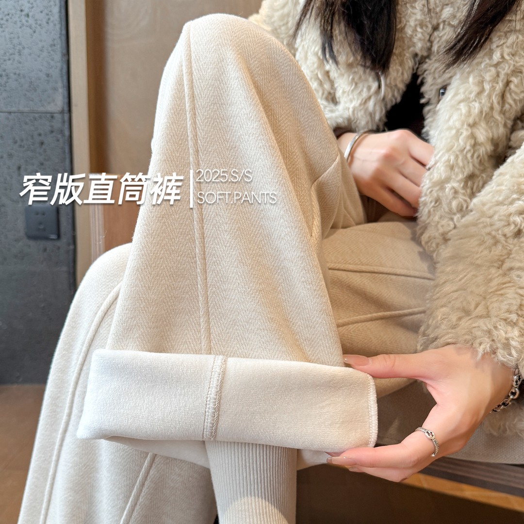 窄版加绒阔腿裤女冬季加绒2025新款毛呢直筒裤小个子弯刀香蕉裤子