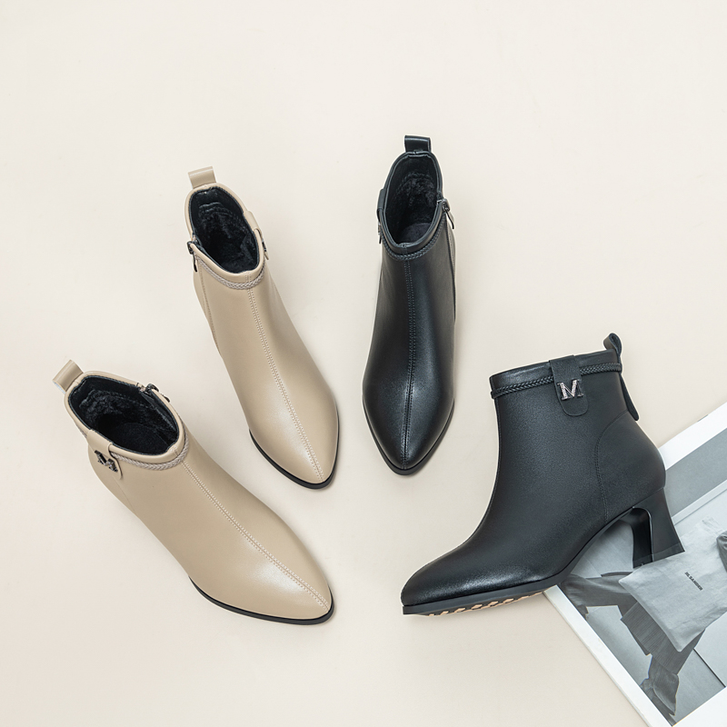 4公分-2025秋冬新款真皮复古法式加绒粗跟气质及踝靴中年妈妈靴子