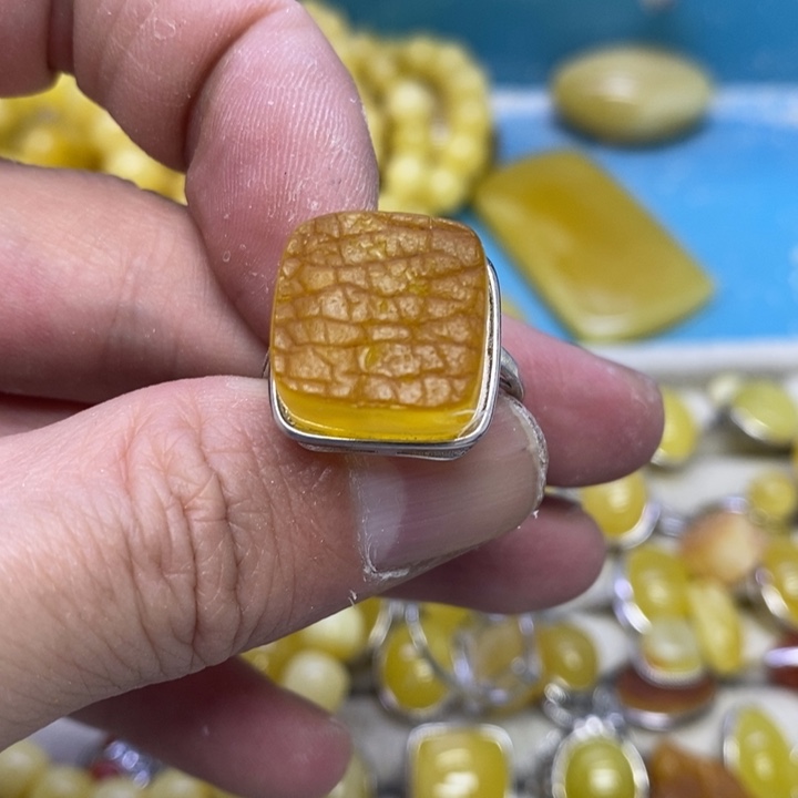 蜜蜡裸石银S925镶嵌戒指