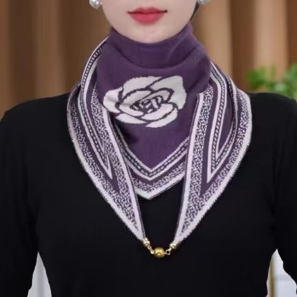 新款玫瑰花时尚秋冬双色保暖小金球磁扣针织三角巾洋气围巾女