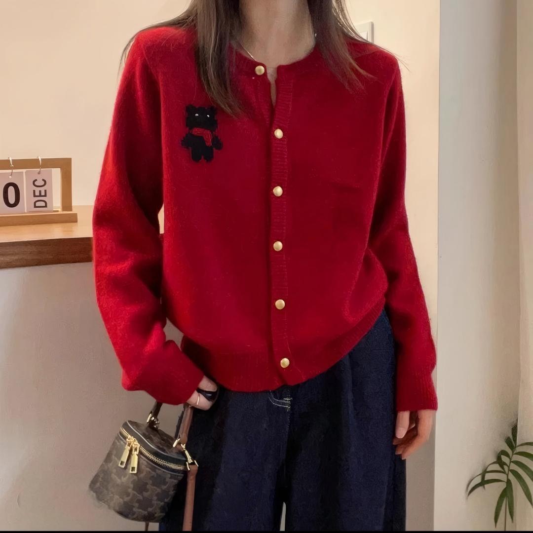 Z针织开衫女灰色圆领宽松显瘦小米刺绣显瘦小猫秋冬毛衣外套