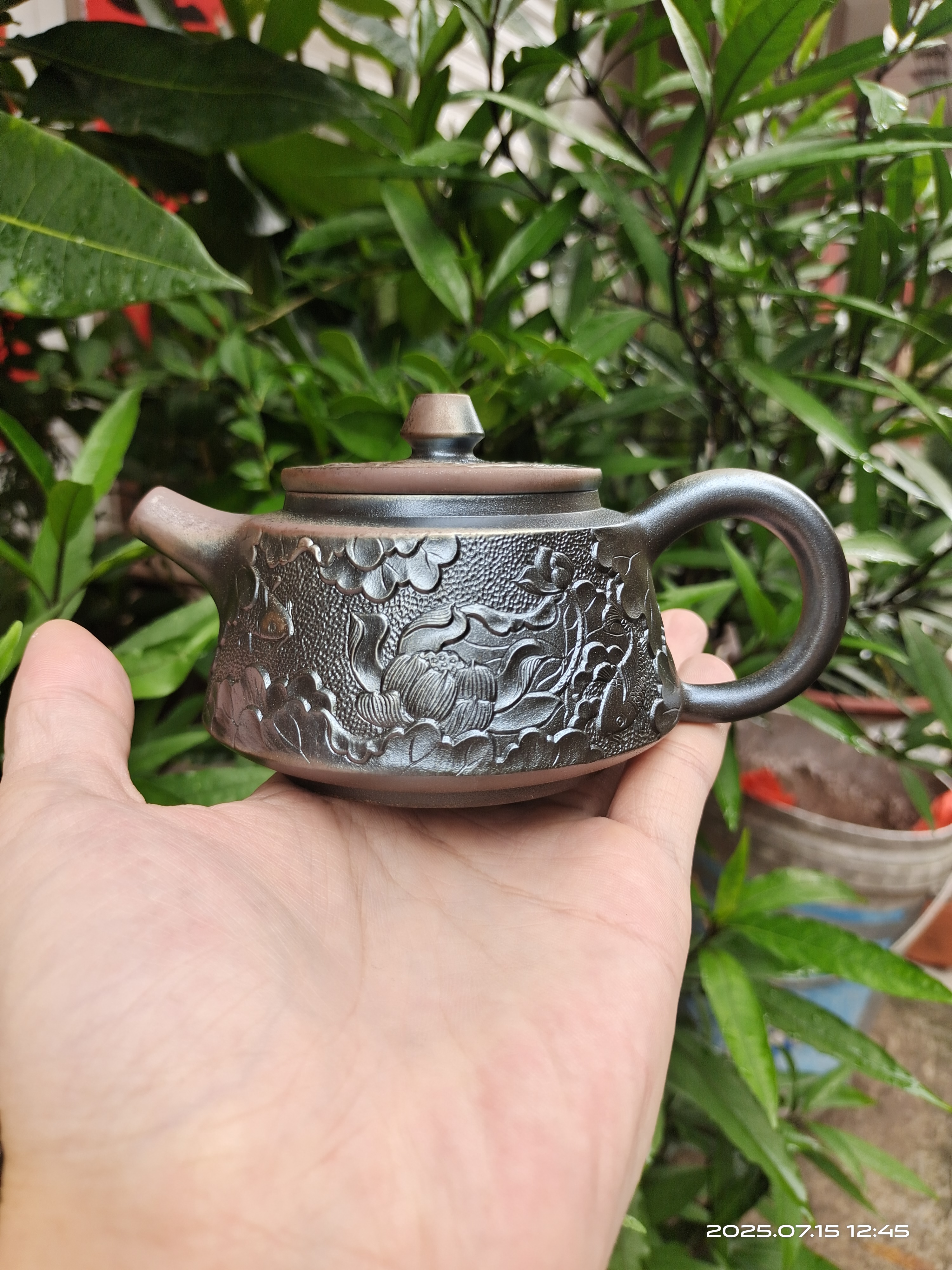 纯柴烧坭兴陶满浮雕全手工霸王壶220cc茶具泡茶壶精美纯手工家用