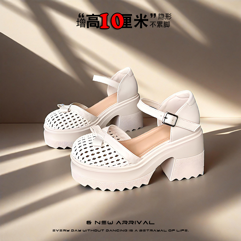 10CM包头凉鞋女白色时尚百搭2025夏季粗跟厚底ol坡跟透气镂空真皮