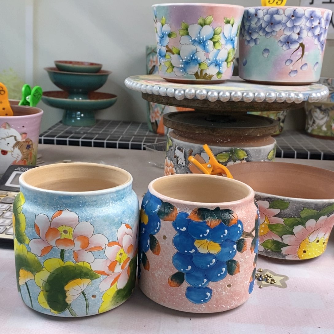 紫砂花盆红陶手绘花盆