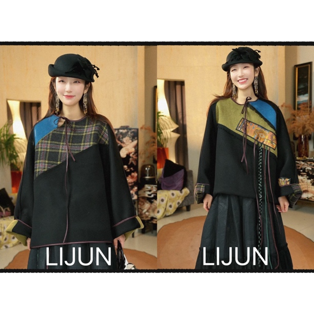 篱君2214秋冬复古格子拼色流苏双面穿圆领大衣国风中式宽松上衣