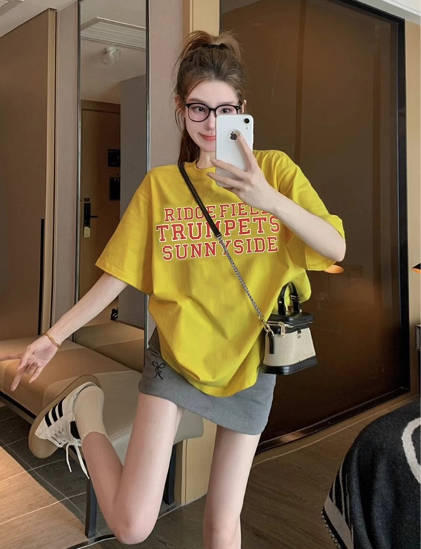 字母短款圆领印花短袖通勤风T恤网红宽松半袖套装