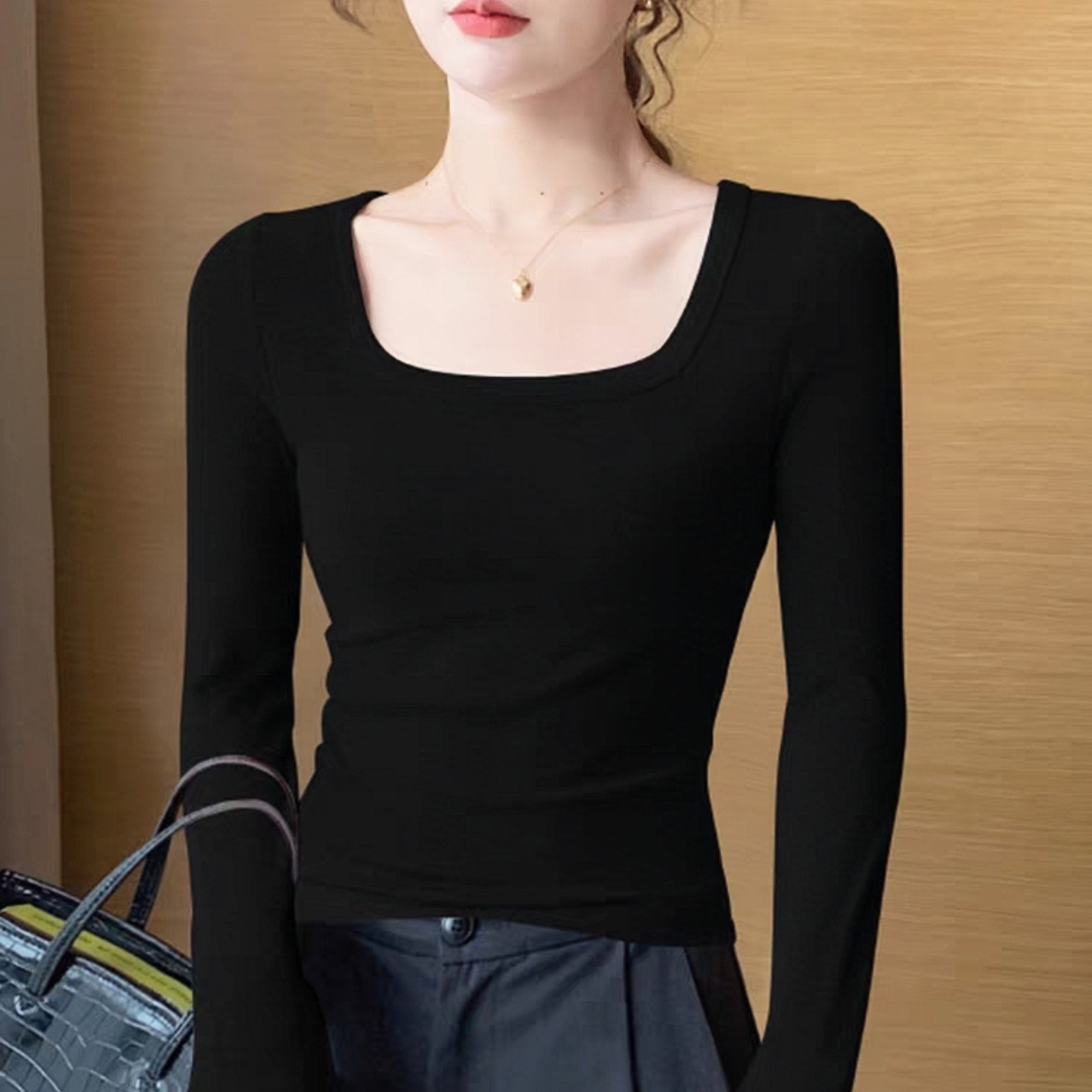 2208秋冬新款四方领磨毛百搭螺纹条修身显瘦外穿内搭百搭打底上衣