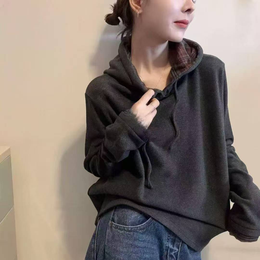 撞色复古格子德绒连帽卫衣女秋冬新款设计感纯色内搭外穿外套