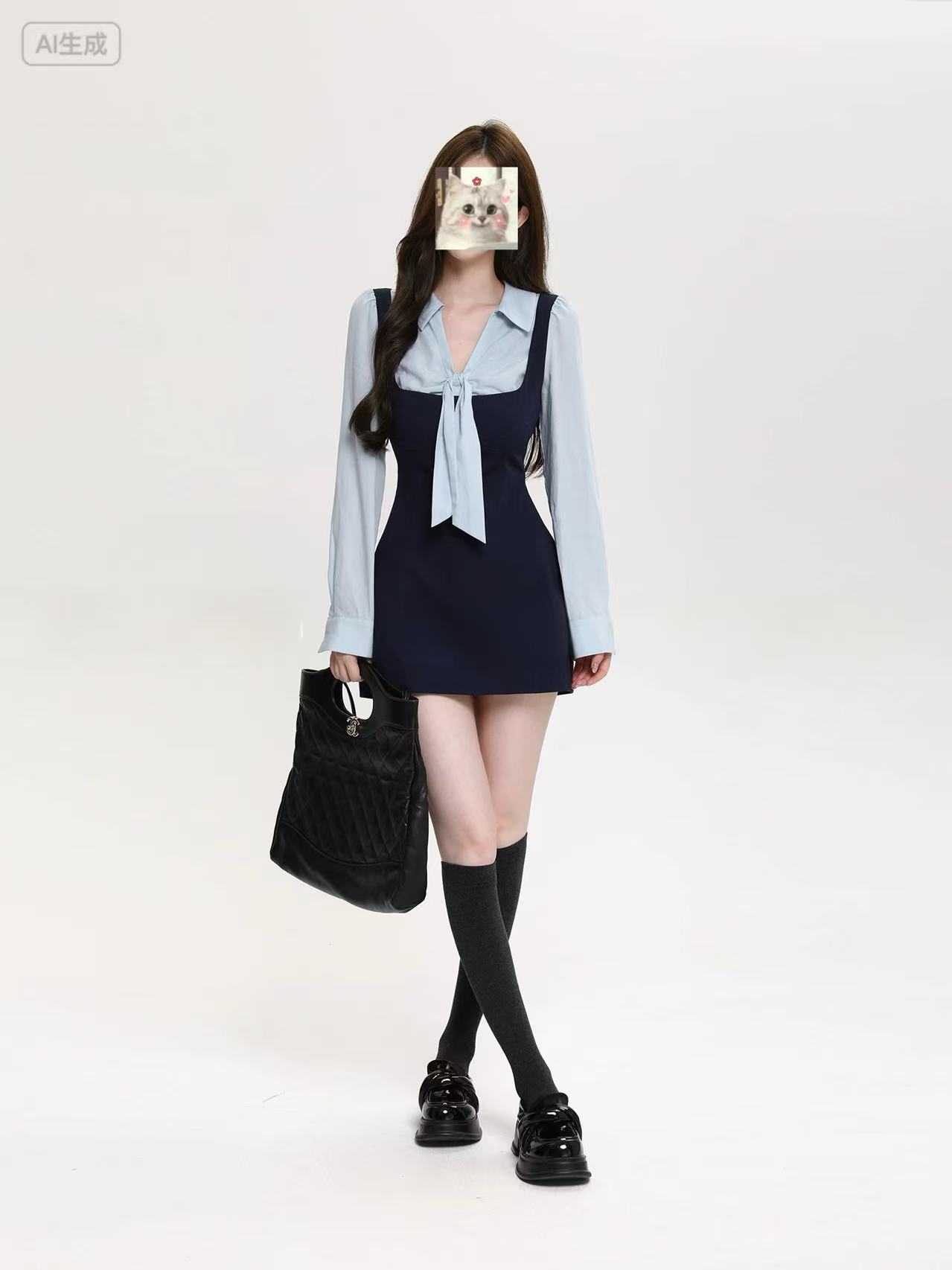 秋季显瘦拼接女装修身A字裙V领日漫少女收腰大码连衣裙1358