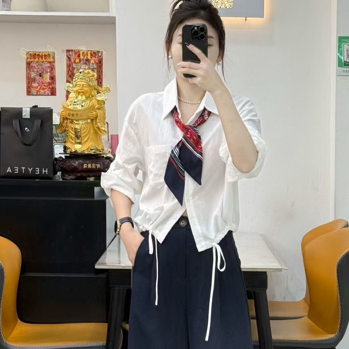 【素境）68039带丝巾白色长袖衬衫秋季通勤气质小衫复古学院风（5）