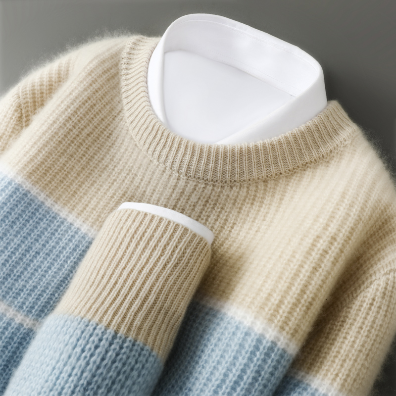 衣橱经典！！秋冬新款男士圆领加厚条纹羊绒衫 休闲拼色长袖打底衫