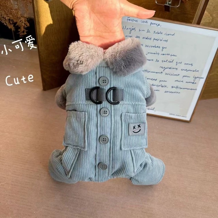 狗狗衣服秋冬装厚款方口袋灯芯绒四腿牵引棉衣小型犬泰迪宠物