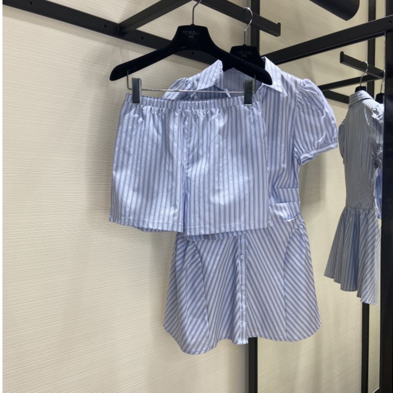 法式蓝色条纹连衣裙女夏季设计感小众遮肚显瘦衬衫裙套装185