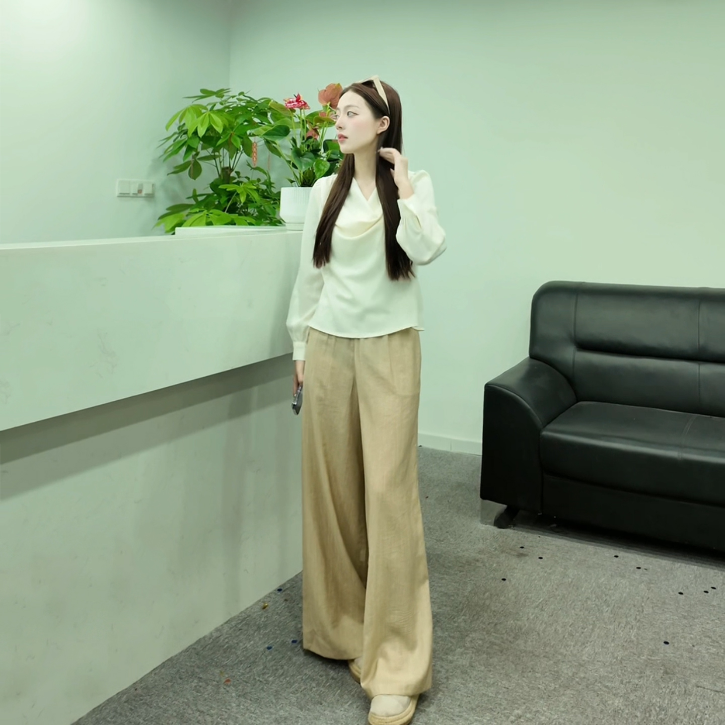 【清雅艺术】倩倩小个子定制时尚长袖荡领上衣百搭宽松阔腿裤女