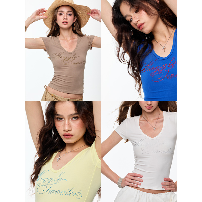 【达播】4muggle原创烫钻基础T恤美式复古辣妹性感短袖女修身上衣