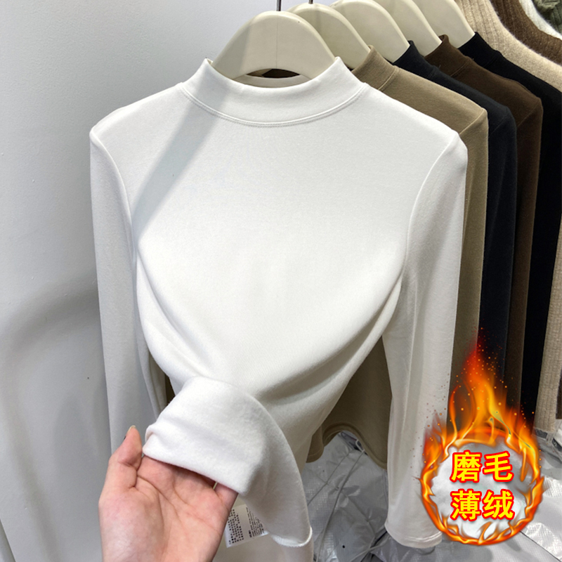 加绒半高领打底衫女秋冬磨毛薄绒长袖T恤2025新款修身内搭上衣潮