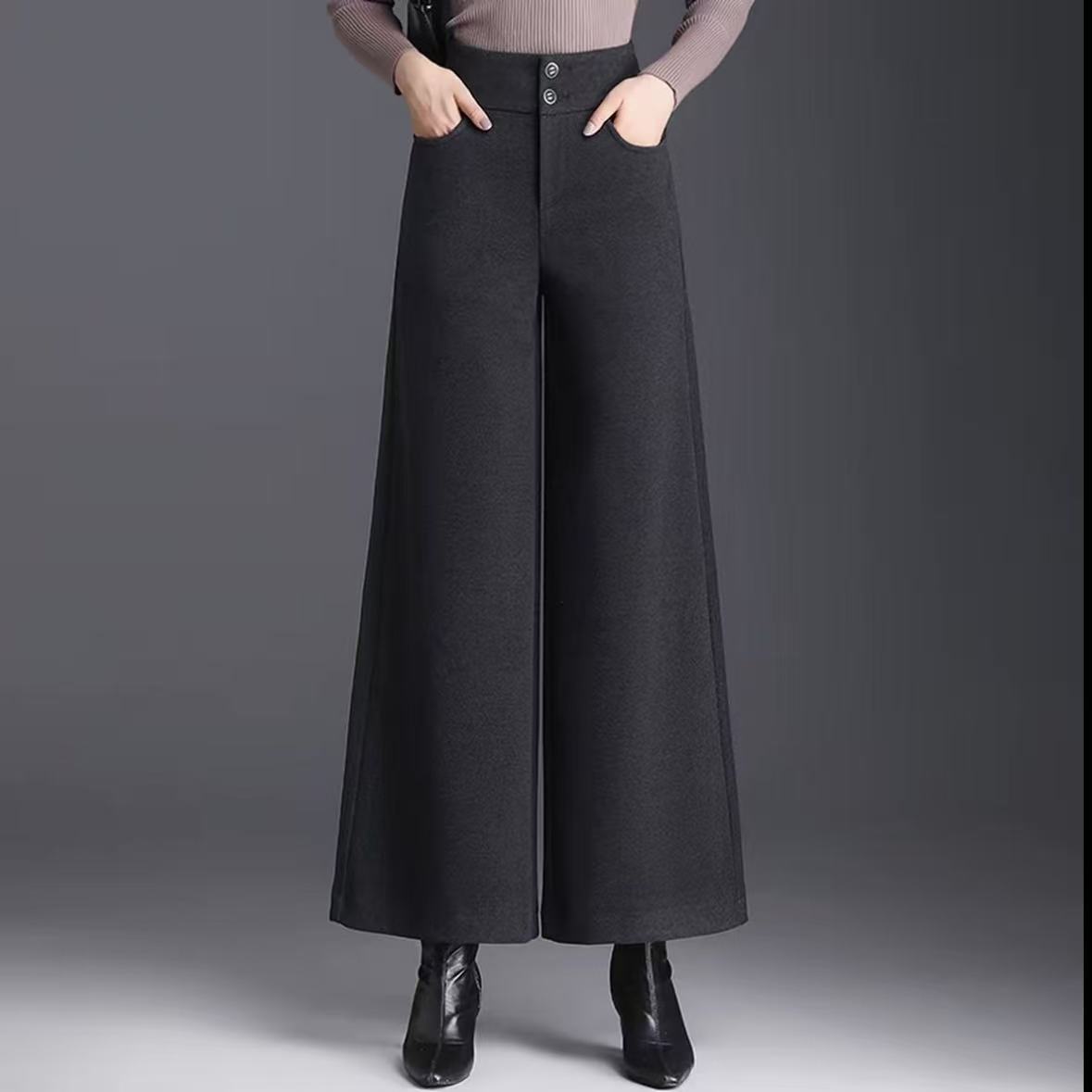 加绒加厚宽松直筒阔腿裤女秋冬2025新款通勤时尚羊毛呢长裤7099