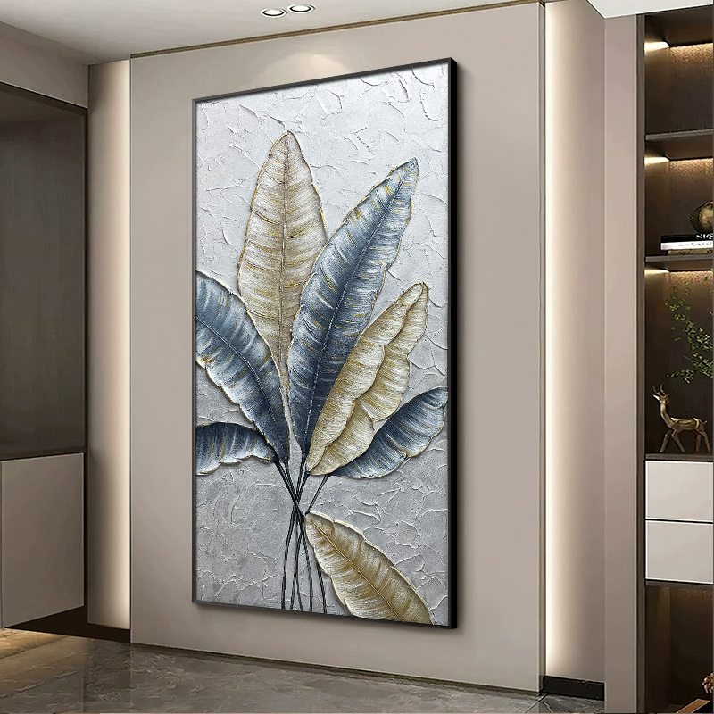手绘油画大叶有成走廊过道挂画简约壁画立体肌理感入户玄关装饰画