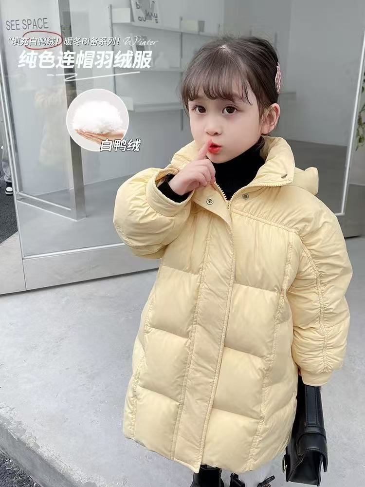 女童冬季韩版长款休闲棉质羽丝连帽洋气棉服 252155