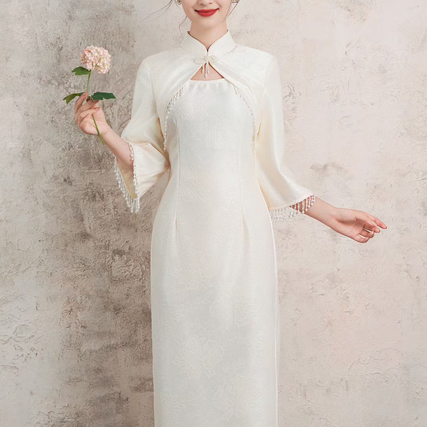 复古风婚礼高开衩纯色中长款旗袍气质中国风优雅高端大气修身旗袍